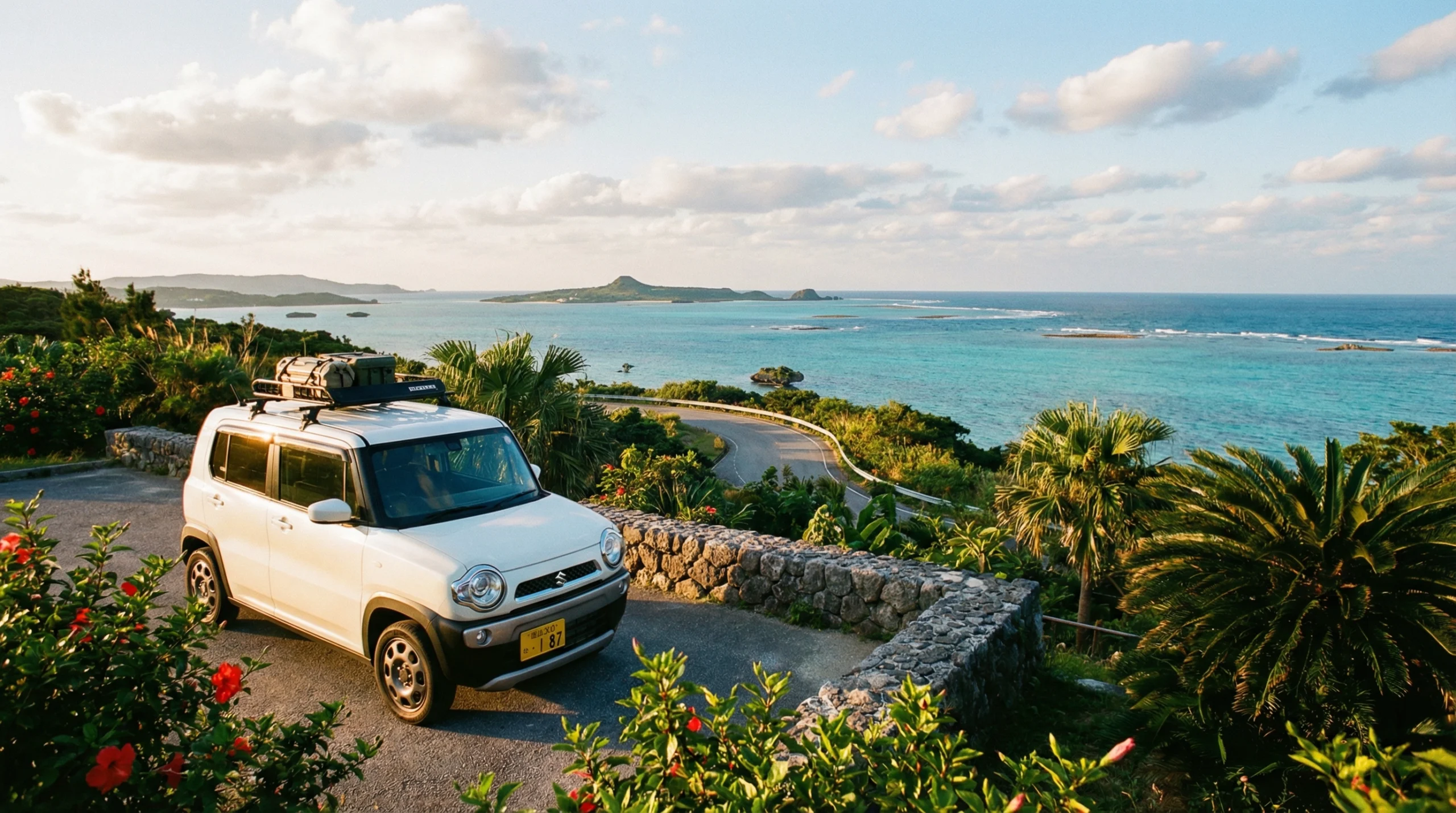 沖縄の海と軽自動車